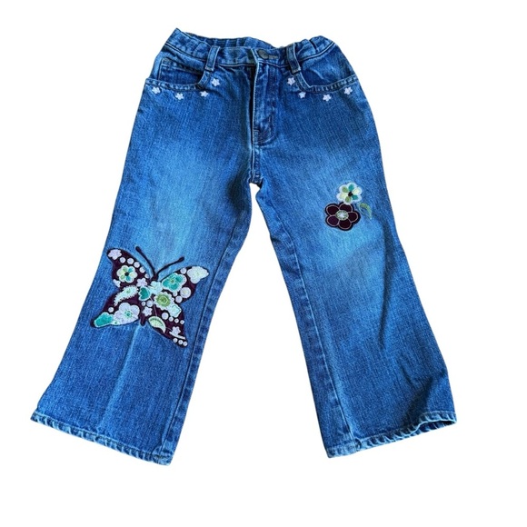 Y2K Baby Gap Blue Denim Jeans Embroidered Floral Butterfly Toddler Girls 3 - Picture 1 of 7